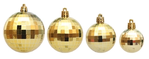 Detailed view of four golden mirror disco balls in varying sizes for festive decoration