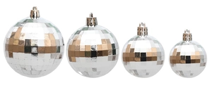 Set of four silver disco mirror balls in varying sizes for festive Christmas decorations