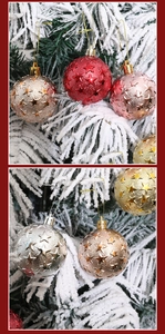 Detailed close-up of 6cm Christmas ornaments with embossed stars on snowy branches