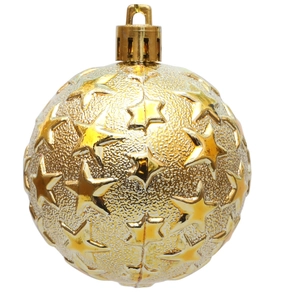 Detail of 6cm golden Christmas ball with embossed stars and a metallic plating finish