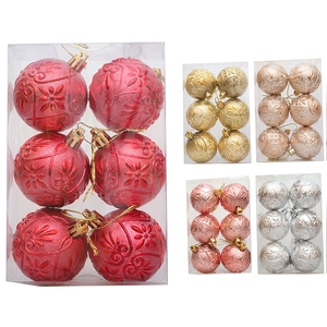 Set van 6 kerstballen met reliëf in verschillende kleuren met gouden koordjes