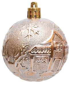 Détail d'une boule de Noël or rose de 6cm avec motifs de flocons et maisons en relief