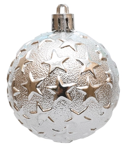 Macro shot of 6cm silver Christmas ball with embossed star patterns and matte textures