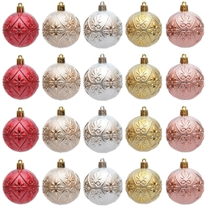 Set van 20 stuks 6cm kerstballen met bloemenreliëf in diverse metallic kleuren