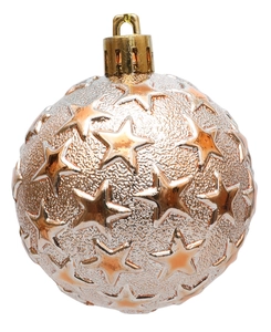 Close-up of 6cm Christmas ball featuring embossed stars and champagne gold matte finish