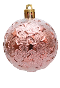 Close-up of 6cm rose pink Christmas ball ornament with embossed star pattern and gold loop