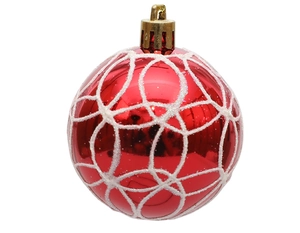 Detailansicht der roten Spiegel-Weihnachtskugel mit weißem Glitzer-Gittermuster