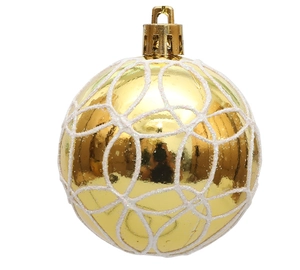 Nahaufnahme einer 6cm goldenen Weihnachtskugel mit weißem Glitzer-Muster und Goldkappe