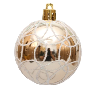 Nahaufnahme goldene 6cm Weihnachtskugel mit weißem Glitzernetzmuster-Detail
