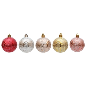 Lot de 5 boules de Noël de 6 cm avec motifs de villa et rennes en relief festif