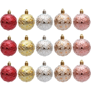 6cm Christmas ball set with embossed stars in red, gold and silver for festive tree decor