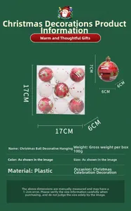Detailed size chart for 6cm red and white Christmas ball ornaments with glitter snowflake