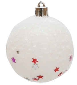 Detailed view of 6cm white textured Christmas ball with colorful star ornaments and silver cap