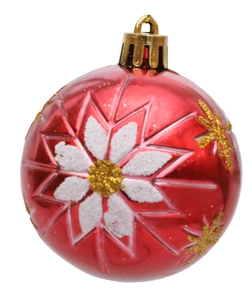 Detail of red Christmas ball with white snowflakes and gold stars patterns