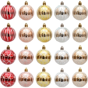 Set mit 20 Stück 6cm Weihnachtskugeln mit Glitzermustern in fünf metallischen Farben