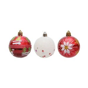 Set of 6cm Christmas balls with red stripes, white glitter, and snowflake patterns