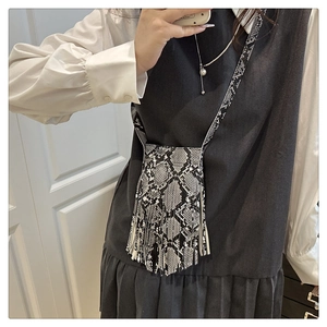 Mirror selfie showing snake skin print crossbody mini bag with fringe details on a model