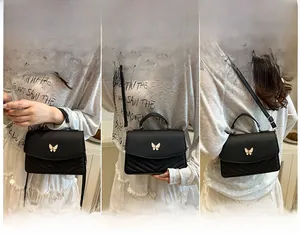 Black V-quilted crossbody bag shown in three ways: handbag, shoulder and crossbody
