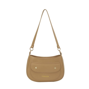 Camel litchi grain PU leather crescent shoulder bag with gold metal buckle and fashion logo