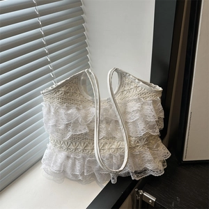 Borsa Tote da Donna in Pizzo Bianco a Strati Pieghettata Grande Capacità Casual Semplice Borsa a Spalla per Estate Quotidiana