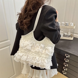 Elegant white lace tote bag for women featuring a layered ruffle design and large capacity