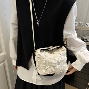 Elegant 3D white floral crossbody bag with silver frame and slim strap for daily wear