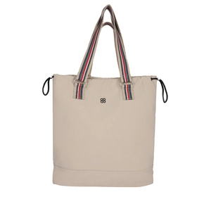 Minimalistische beige Nylon-Einkaufstasche mit rot-blau gestreiften Trägern für Damen