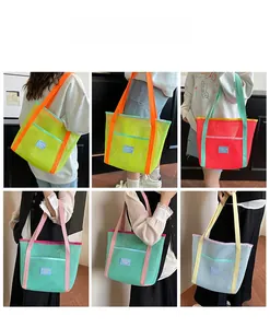 Detailed views of colorful mesh beach tote bags showing various vibrant contrast color designs