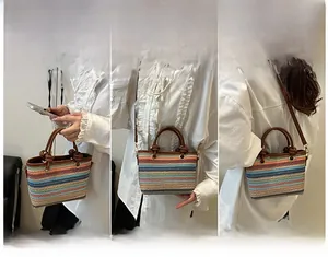 Detailed views of colorful striped straw bucket bag with leather handles in three styles