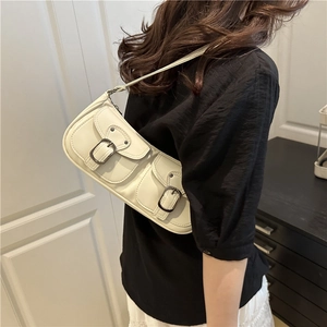 Retro white baguette underarm bag with double buckle pockets for casual summer style