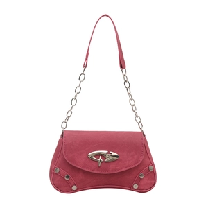 Pink Y2K textured fabric shoulder bag with silver buckle and chain strap on white background