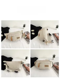 Detailed views of a minimalist cream canvas saddle bag with leather accents and strap