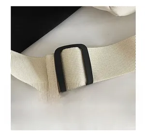 Close-up of adjustable matte black buckle and beige nylon strap on a crossbody bag