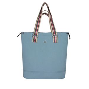 Blue nylon bucket tote bag with striped handles and drawstring closure for daily use