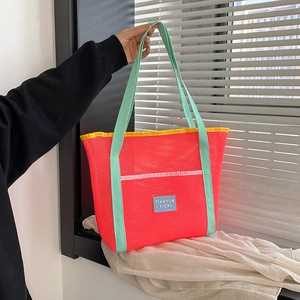 Women Large Capacity Mesh Tote Bag Breathable Nylon Beach Handbag Contrast Shoulder Bag For Swimming Travel Summer Shop