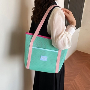 Mesh beach tote bag in light green and pink for summer outdoor swimming and storage