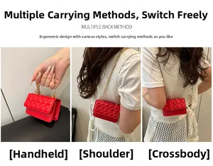 Red quilted mini bag shown in three ways: handbag, shoulder bag, and crossbody style