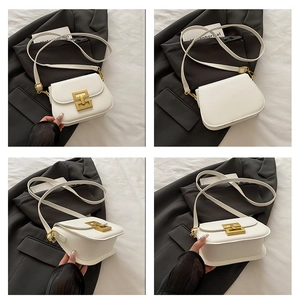 Multiple angles of a white leather crossbody bag with square gold buckle and slim strap
