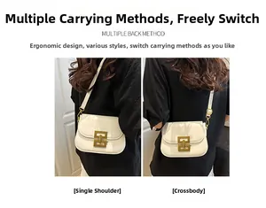 Detail view of a white vintage shoulder bag with golden geometric clasp and adjustable strap