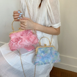 Retro evening clutch bag with 3D floral design and golden ring handle for women