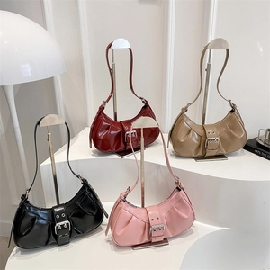 Women Fashion Trendy Crescent Bag PU Leather Ruched Shoulder Bag With Metal Buckle Casual Simple Hobo Crossbody Handbag