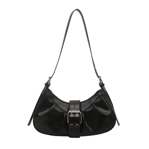 Retro black patent leather half moon shoulder bag with silver buckle and pleated details