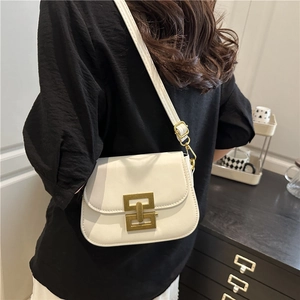 Chic beige flap shoulder bag with gold geometric buckle and adjustable chain strap