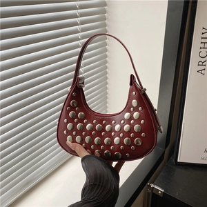 Riveted Crescent Hobo Bag PU Leather Metallic Studded Underarm Shoulder Purse For Women Retro Punk Style