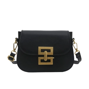 Minimalist black PU leather saddle bag with vintage gold interlocking buckle for women