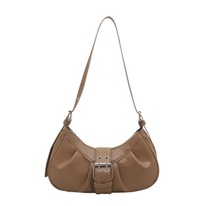Minimalist brown crescent hobo underarm bag with pleated PU leather and belt buckle