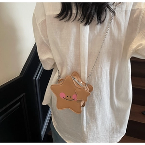 Star-shaped crossbody bag in tan PU leather with minimal smiley face and chain strap
