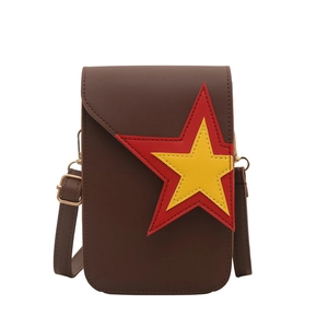 Brown PU leather small crossbody phone bag featuring red and yellow star patchwork