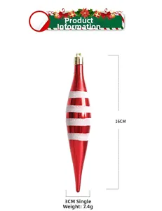Detail view of a 16cm red icicle Christmas ornament with white glitter stripes and gold hook
