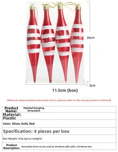 Detail view of red striped Christmas cone ornaments with packaging size measurements